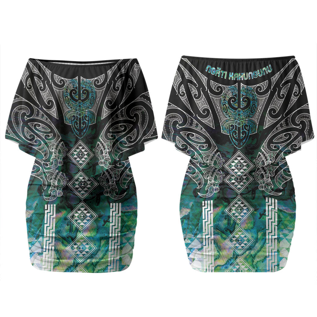 Aotearoa Maori Iwi Heritage Couples Matching Off Shoulder Short Dress and Long Sleeve Button Shirt Ngati Kahungunu Paua Shell Turquoise
