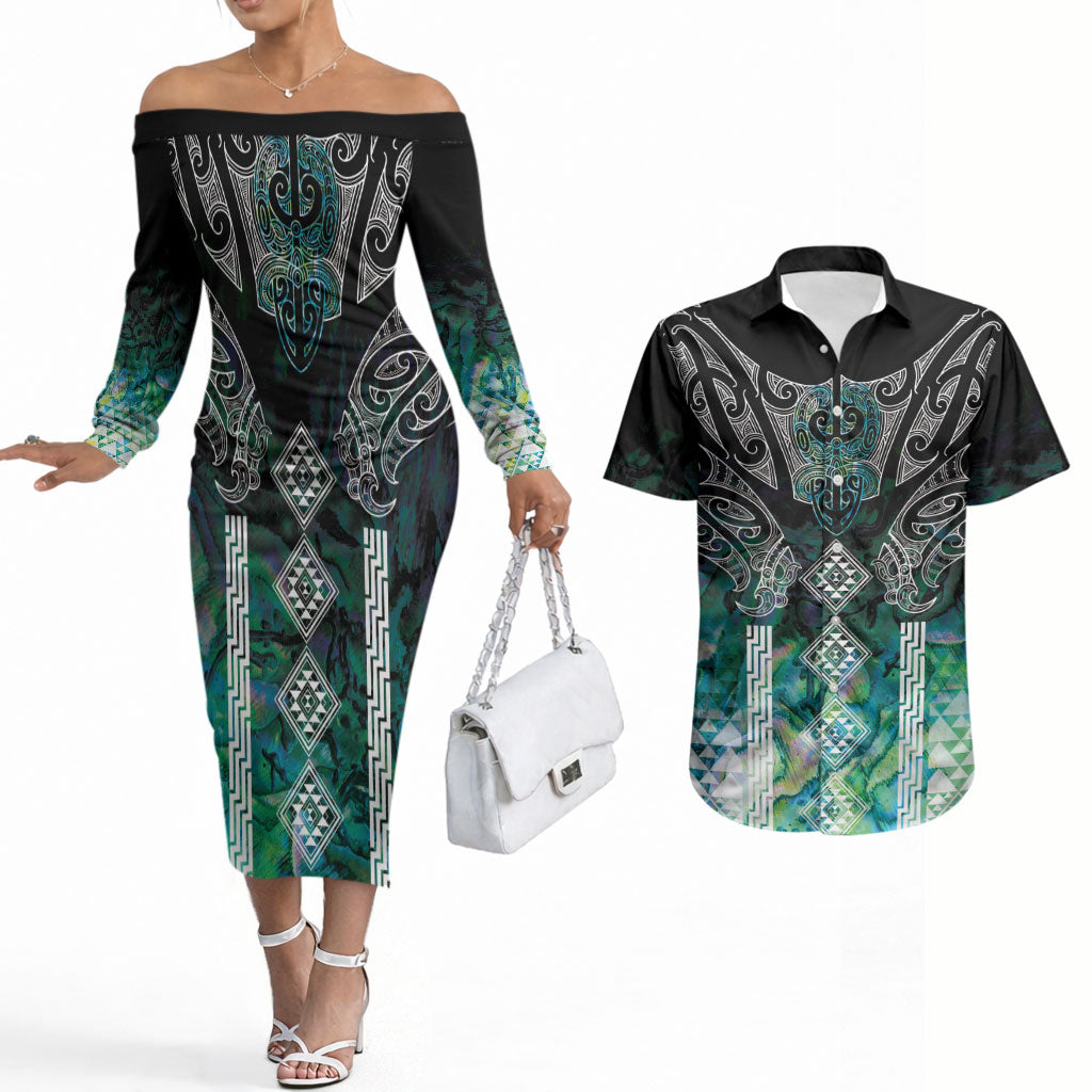 Aotearoa Maori Iwi Heritage Couples Matching Off The Shoulder Long Sleeve Dress and Hawaiian Shirt Ngati Kahungunu Paua Shell Turquoise