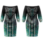 Aotearoa Maori Iwi Heritage Couples Matching Off The Shoulder Long Sleeve Dress and Hawaiian Shirt Ngati Kahungunu Paua Shell Turquoise