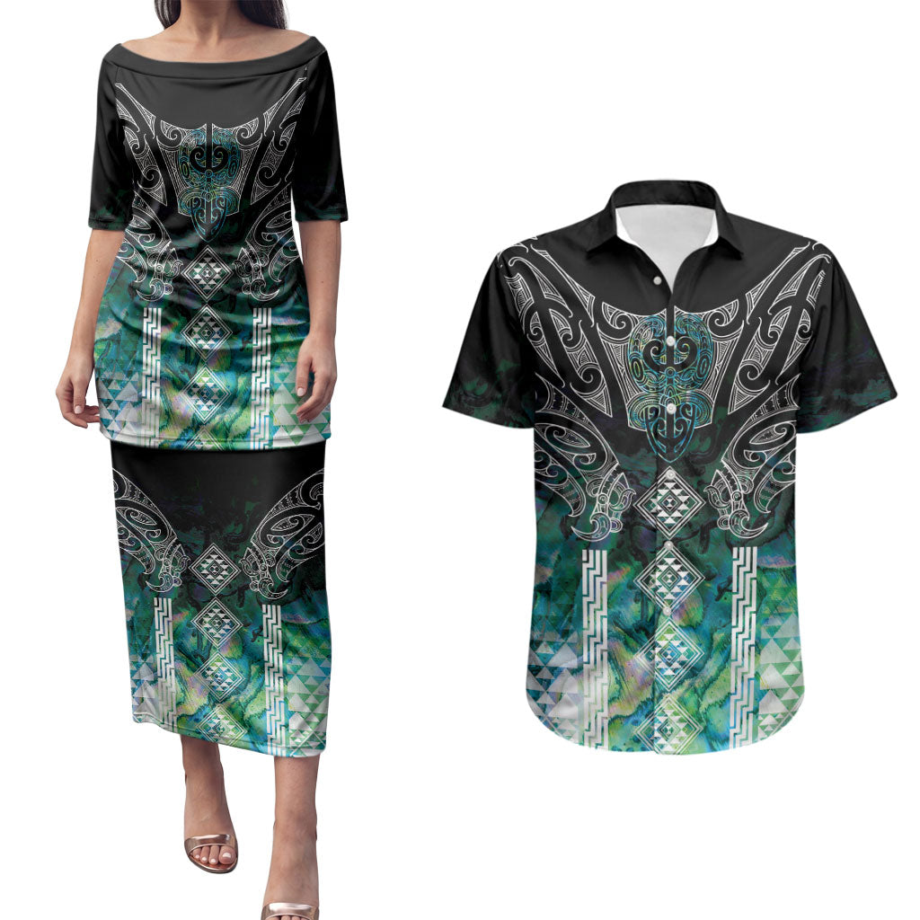 Aotearoa Maori Iwi Heritage Couples Matching Puletasi and Hawaiian Shirt Ngati Kahungunu Paua Shell Turquoise