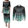 Aotearoa Maori Iwi Heritage Couples Matching Puletasi and Long Sleeve Button Shirt Ngati Kahungunu Paua Shell Turquoise