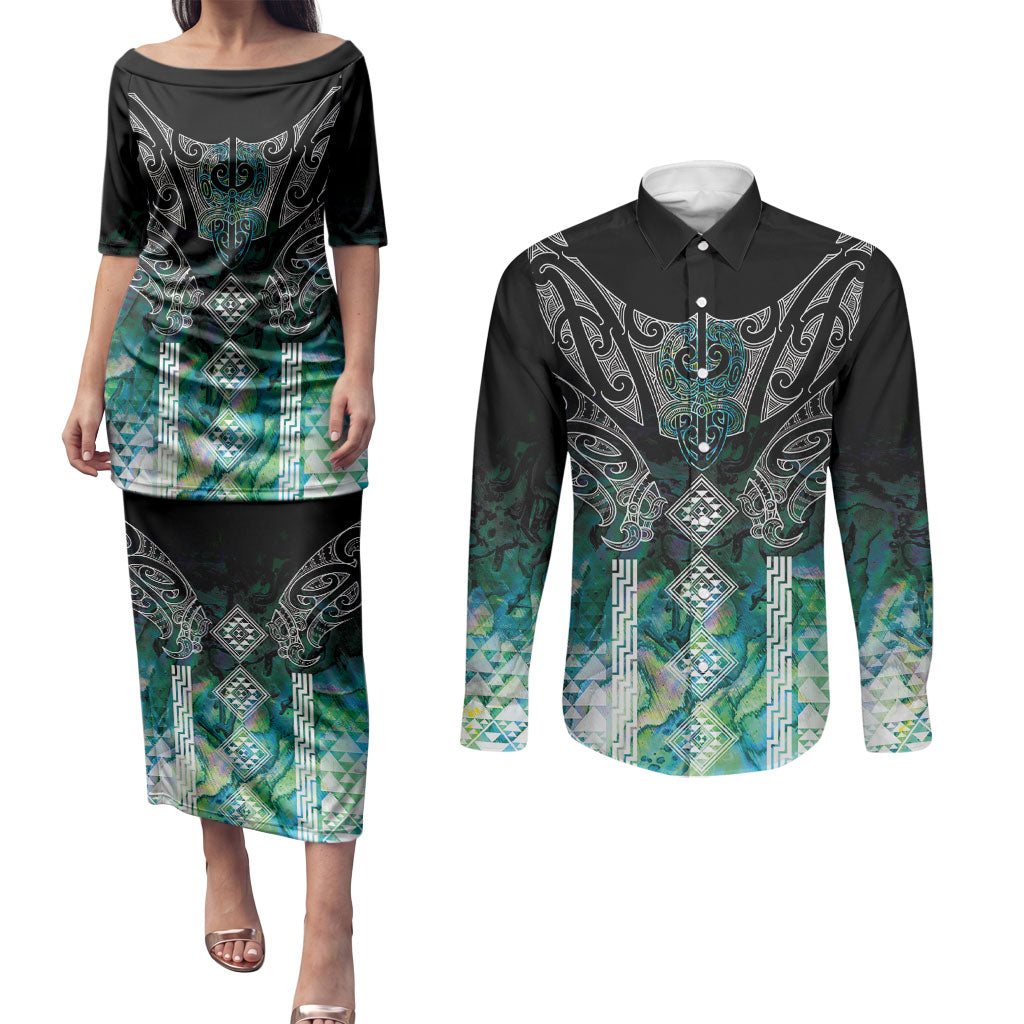 Aotearoa Maori Iwi Heritage Couples Matching Puletasi and Long Sleeve Button Shirt Ngati Kahungunu Paua Shell Turquoise