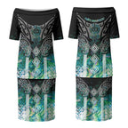 Aotearoa Maori Iwi Heritage Couples Matching Puletasi and Long Sleeve Button Shirt Ngati Kahungunu Paua Shell Turquoise