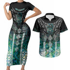 Aotearoa Maori Iwi Heritage Couples Matching Short Sleeve Bodycon Dress and Hawaiian Shirt Ngati Kahungunu Paua Shell Turquoise