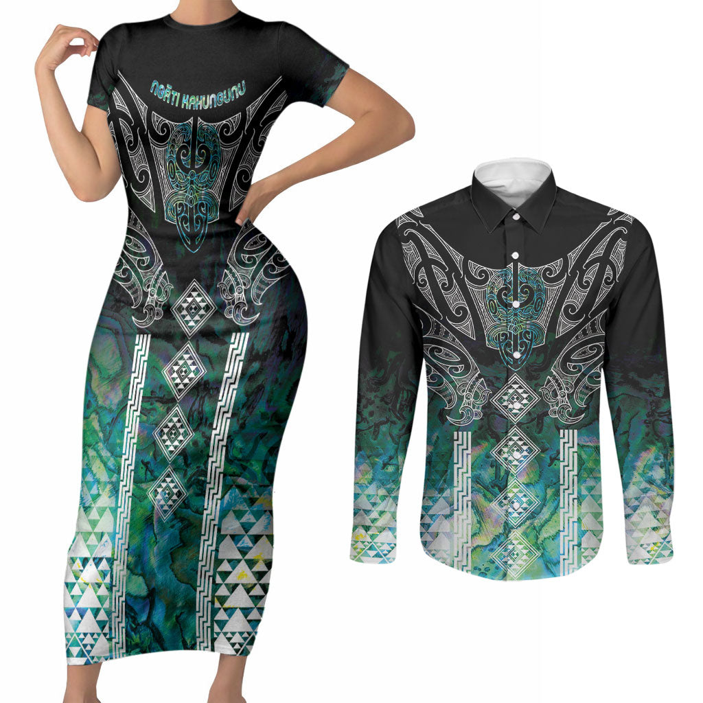 Aotearoa Maori Iwi Heritage Couples Matching Short Sleeve Bodycon Dress and Long Sleeve Button Shirt Ngati Kahungunu Paua Shell Turquoise