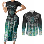 Aotearoa Maori Iwi Heritage Couples Matching Short Sleeve Bodycon Dress and Long Sleeve Button Shirt Ngati Kahungunu Paua Shell Turquoise
