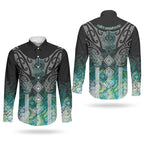 Aotearoa Maori Iwi Heritage Couples Matching Short Sleeve Bodycon Dress and Long Sleeve Button Shirt Ngati Kahungunu Paua Shell Turquoise