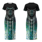 Aotearoa Maori Iwi Heritage Couples Matching Short Sleeve Bodycon Dress and Long Sleeve Button Shirt Ngati Kahungunu Paua Shell Turquoise