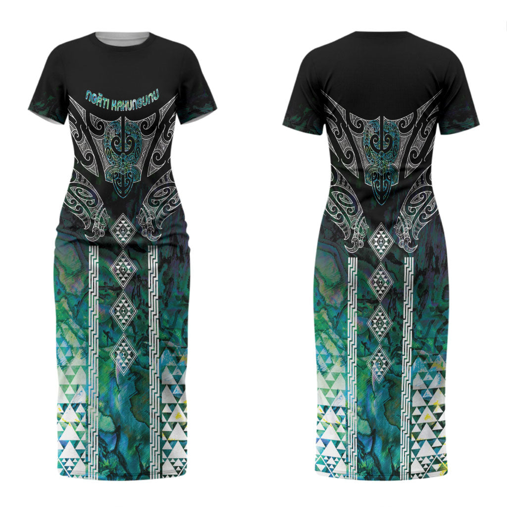Aotearoa Maori Iwi Heritage Couples Matching Short Sleeve Bodycon Dress and Long Sleeve Button Shirt Ngati Kahungunu Paua Shell Turquoise