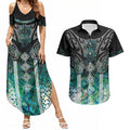 Aotearoa Maori Iwi Heritage Couples Matching Summer Maxi Dress and Hawaiian Shirt Ngati Kahungunu Paua Shell Turquoise