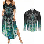 Aotearoa Maori Iwi Heritage Couples Matching Summer Maxi Dress and Long Sleeve Button Shirt Ngati Kahungunu Paua Shell Turquoise