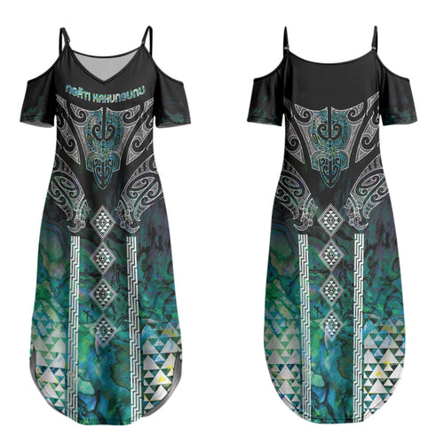 Aotearoa Maori Iwi Heritage Couples Matching Summer Maxi Dress and Long Sleeve Button Shirt Ngati Kahungunu Paua Shell Turquoise