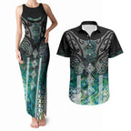 Aotearoa Maori Iwi Heritage Couples Matching Tank Maxi Dress and Hawaiian Shirt Ngati Kahungunu Paua Shell Turquoise