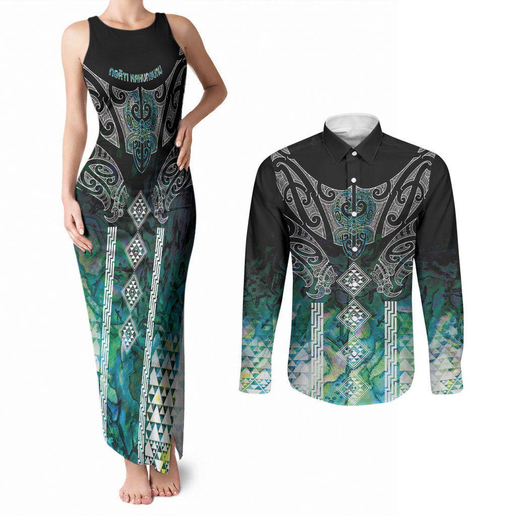 Aotearoa Maori Iwi Heritage Couples Matching Tank Maxi Dress and Long Sleeve Button Shirt Ngati Kahungunu Paua Shell Turquoise