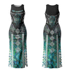 Aotearoa Maori Iwi Heritage Couples Matching Tank Maxi Dress and Long Sleeve Button Shirt Ngati Kahungunu Paua Shell Turquoise
