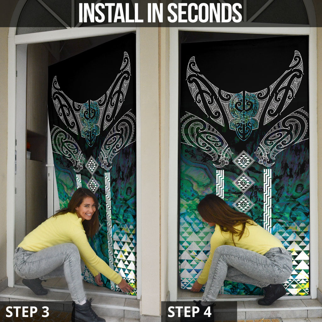 Aotearoa Maori Iwi Heritage Door Cover Ngati Kahungunu Paua Shell Turquoise