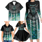 Aotearoa Maori Iwi Heritage Family Matching Long Sleeve Bodycon Dress and Hawaiian Shirt Ngati Kahungunu Paua Shell Turquoise