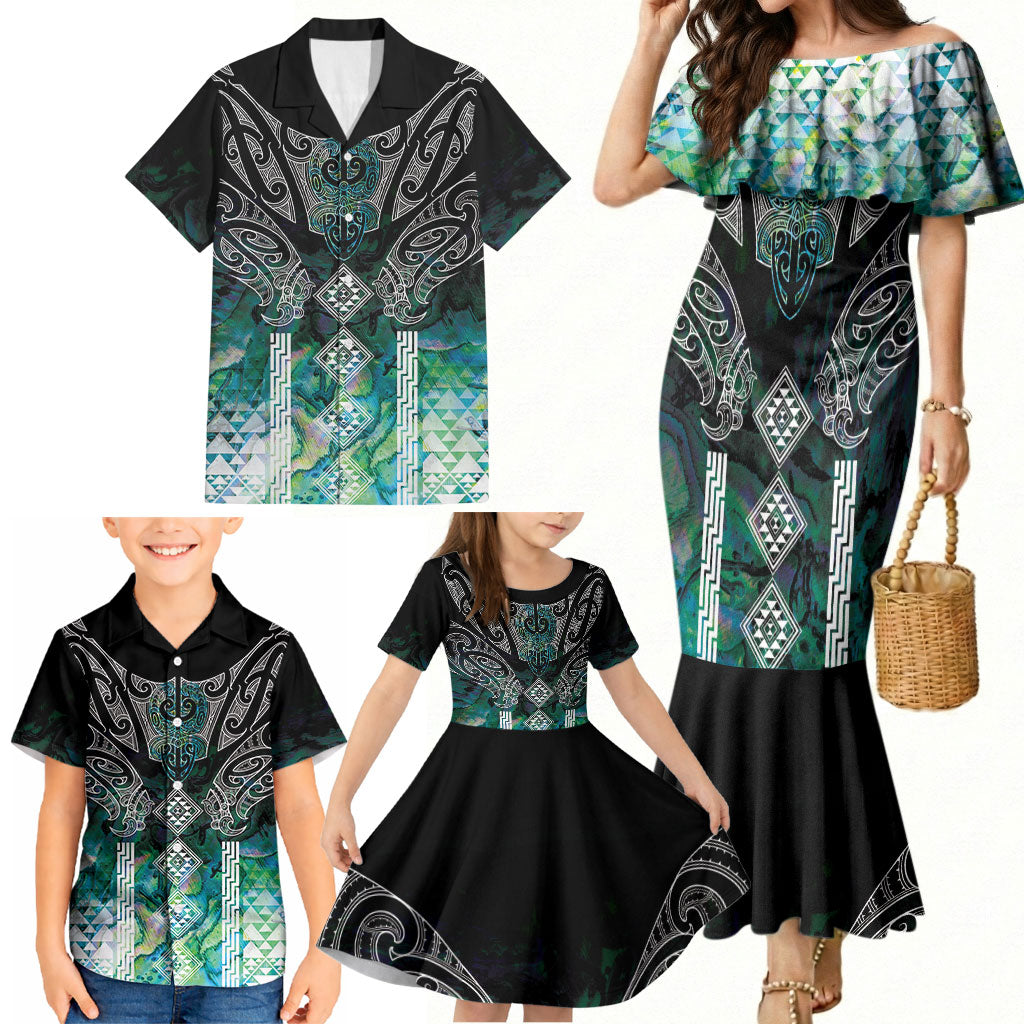 Aotearoa Maori Iwi Heritage Family Matching Mermaid Dress and Hawaiian Shirt Ngati Kahungunu Paua Shell Turquoise