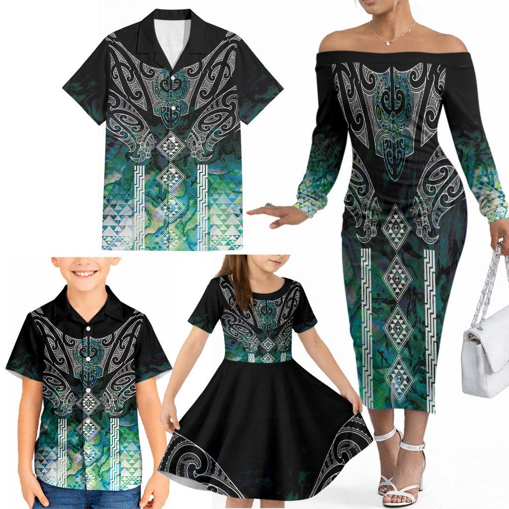 Aotearoa Maori Iwi Heritage Family Matching Off The Shoulder Long Sleeve Dress and Hawaiian Shirt Ngati Kahungunu Paua Shell Turquoise
