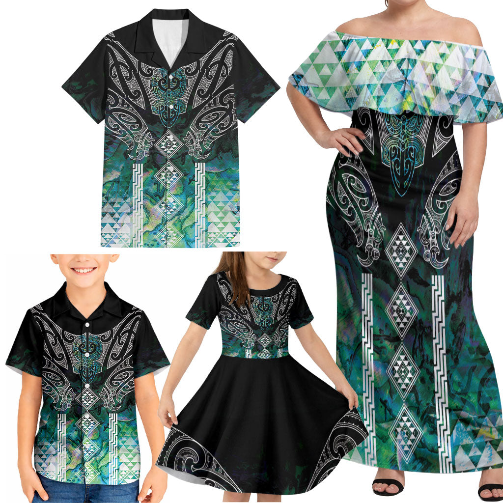 Aotearoa Maori Iwi Heritage Family Matching Off Shoulder Maxi Dress and Hawaiian Shirt Ngati Kahungunu Paua Shell Turquoise