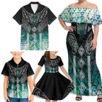 Aotearoa Maori Iwi Heritage Family Matching Off Shoulder Maxi Dress and Hawaiian Shirt Ngati Kahungunu Paua Shell Turquoise