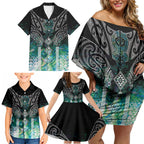 Aotearoa Maori Iwi Heritage Family Matching Off Shoulder Short Dress and Hawaiian Shirt Ngati Kahungunu Paua Shell Turquoise