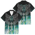 Aotearoa Maori Iwi Heritage Family Matching Off Shoulder Short Dress and Hawaiian Shirt Ngati Kahungunu Paua Shell Turquoise