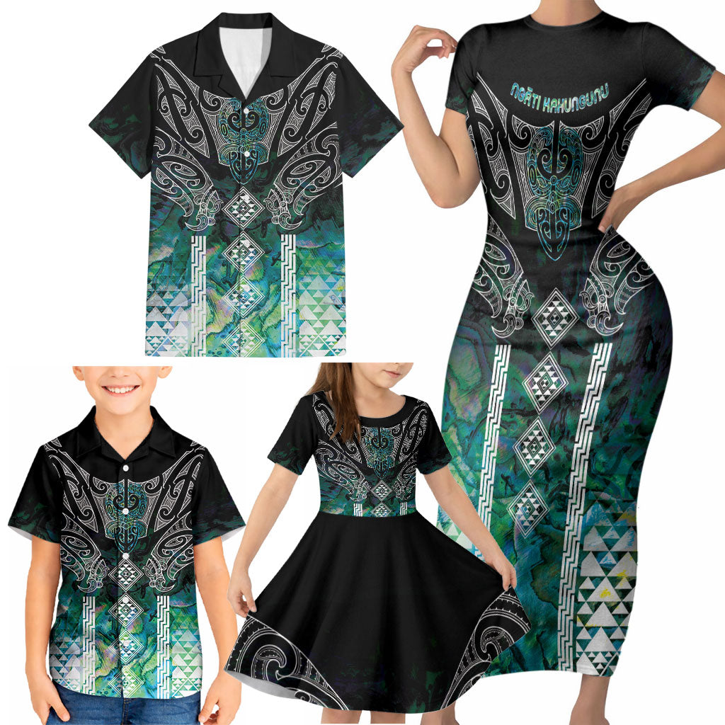 Aotearoa Maori Iwi Heritage Family Matching Short Sleeve Bodycon Dress and Hawaiian Shirt Ngati Kahungunu Paua Shell Turquoise