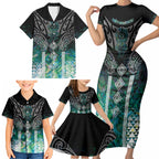 Aotearoa Maori Iwi Heritage Family Matching Short Sleeve Bodycon Dress and Hawaiian Shirt Ngati Kahungunu Paua Shell Turquoise