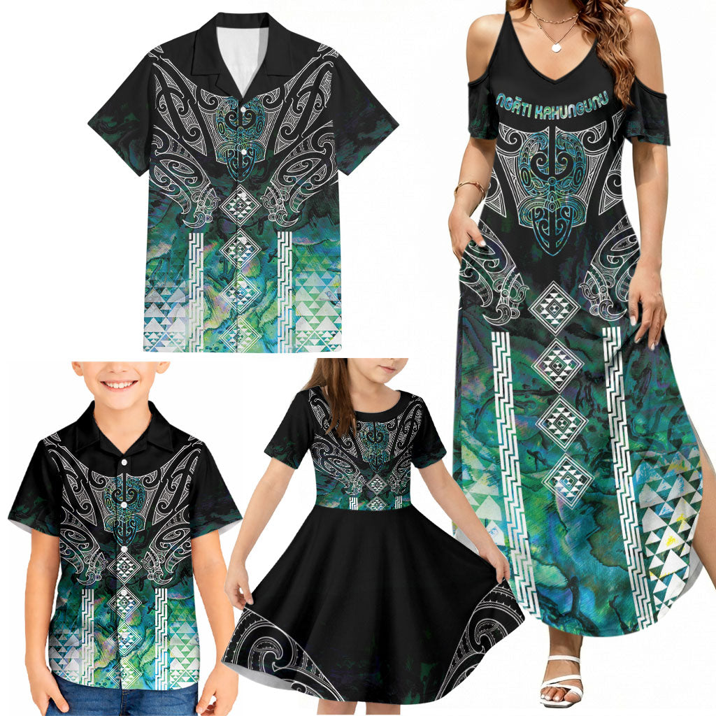 Aotearoa Maori Iwi Heritage Family Matching Summer Maxi Dress and Hawaiian Shirt Ngati Kahungunu Paua Shell Turquoise