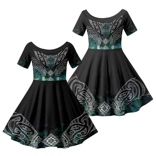 Aotearoa Maori Iwi Heritage Family Matching Summer Maxi Dress and Hawaiian Shirt Ngati Kahungunu Paua Shell Turquoise
