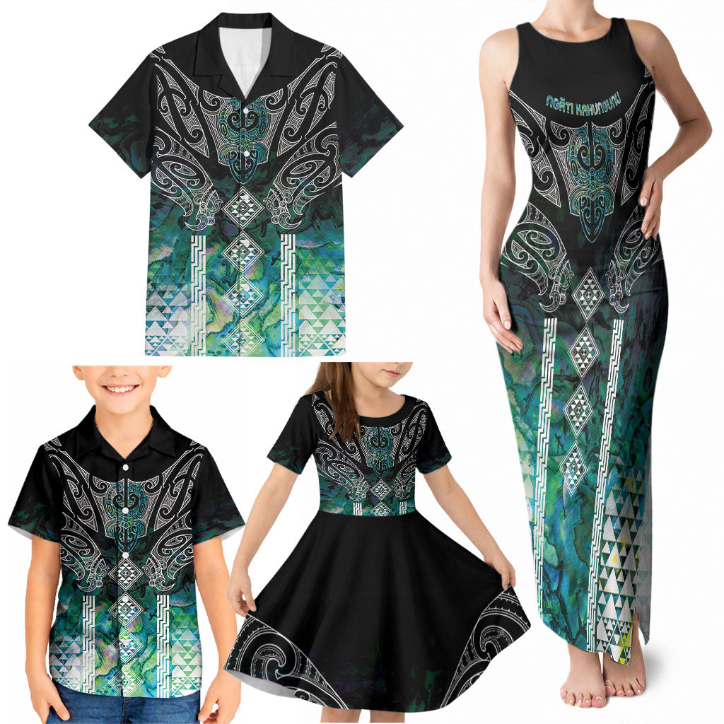 Aotearoa Maori Iwi Heritage Family Matching Tank Maxi Dress and Hawaiian Shirt Ngati Kahungunu Paua Shell Turquoise
