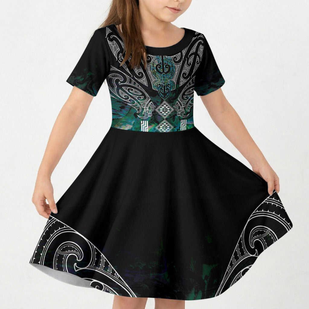 Aotearoa Maori Iwi Heritage Kid Short Sleeve Dress Ngati Kahungunu Paua Shell Turquoise