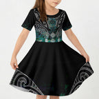 Aotearoa Maori Iwi Heritage Kid Short Sleeve Dress Ngati Kahungunu Paua Shell Turquoise