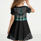 Aotearoa Maori Iwi Heritage Kid Short Sleeve Dress Ngati Kahungunu Paua Shell Turquoise