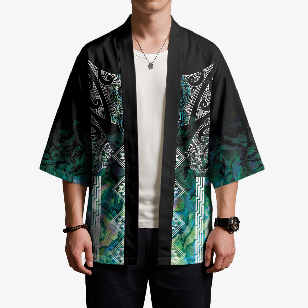 Aotearoa Maori Iwi Heritage Kimono Ngati Kahungunu Paua Shell Turquoise