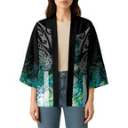 Aotearoa Maori Iwi Heritage Kimono Ngati Kahungunu Paua Shell Turquoise