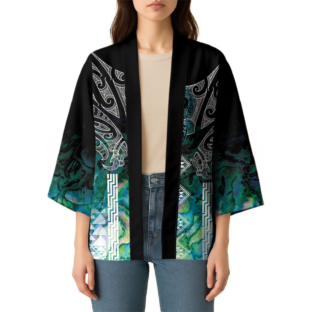 Aotearoa Maori Iwi Heritage Kimono Ngati Kahungunu Paua Shell Turquoise