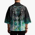 Aotearoa Maori Iwi Heritage Kimono Ngati Kahungunu Paua Shell Turquoise