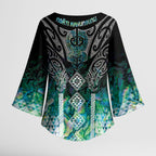 Aotearoa Maori Iwi Heritage Kimono Sleeve Blouse Ngati Kahungunu Paua Shell Turquoise