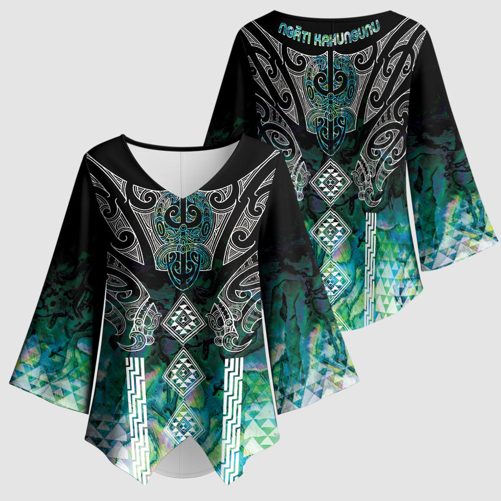 Aotearoa Maori Iwi Heritage Kimono Sleeve Blouse Ngati Kahungunu Paua Shell Turquoise