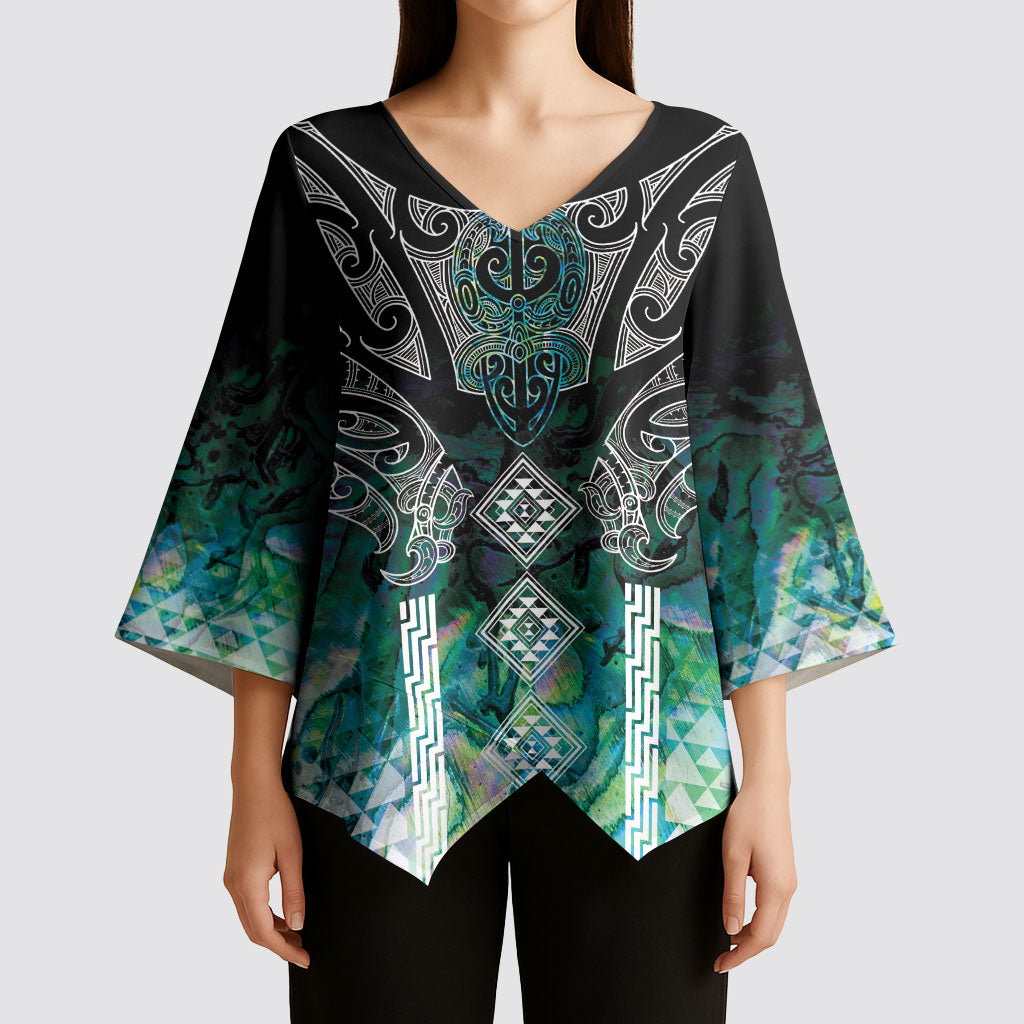 Aotearoa Maori Iwi Heritage Kimono Sleeve Blouse Ngati Kahungunu Paua Shell Turquoise
