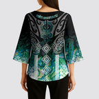 Aotearoa Maori Iwi Heritage Kimono Sleeve Blouse Ngati Kahungunu Paua Shell Turquoise