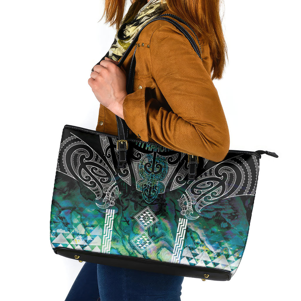 Aotearoa Maori Iwi Heritage Leather Tote Bag Ngati Kahungunu Paua Shell Turquoise