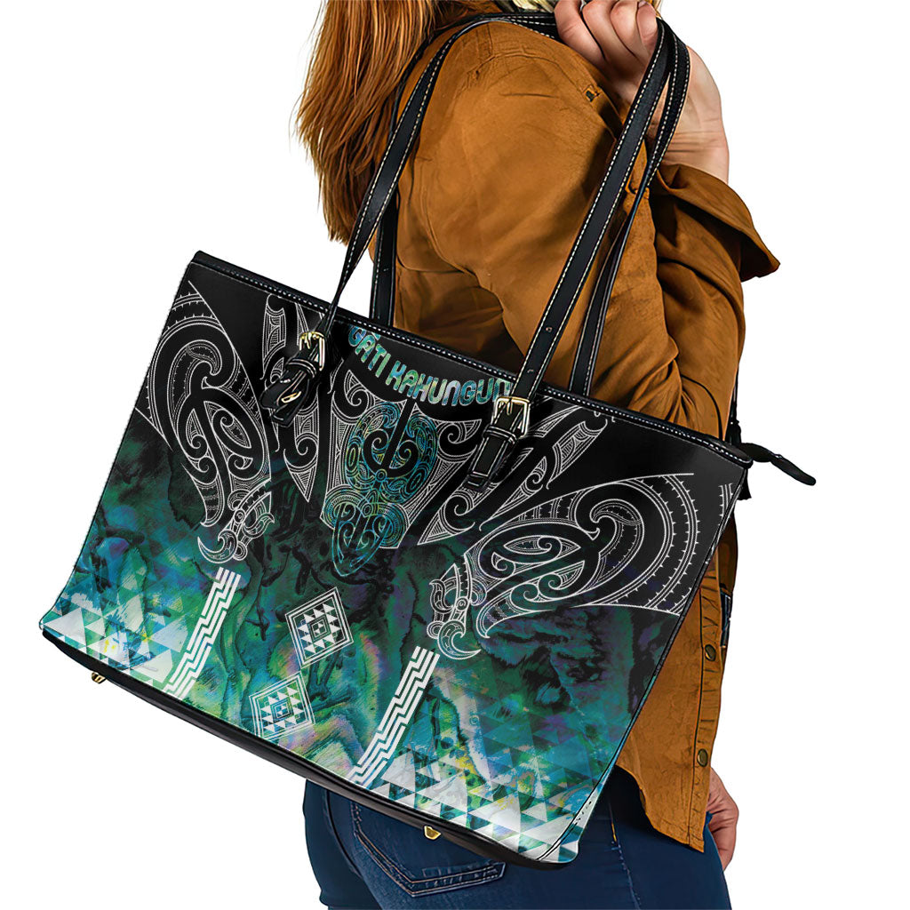 Aotearoa Maori Iwi Heritage Leather Tote Bag Ngati Kahungunu Paua Shell Turquoise