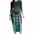 Aotearoa Maori Iwi Heritage Long Sleeve Bodycon Dress Ngati Kahungunu Paua Shell Turquoise