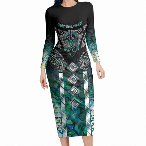 Aotearoa Maori Iwi Heritage Long Sleeve Bodycon Dress Ngati Kahungunu Paua Shell Turquoise