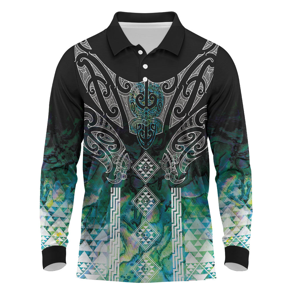 Aotearoa Maori Iwi Heritage Long Sleeve Polo Shirt Ngati Kahungunu Paua Shell Turquoise