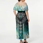 Aotearoa Maori Iwi Heritage Off Shoulder Maxi Dress Ngati Kahungunu Paua Shell Turquoise