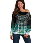 Aotearoa Maori Iwi Heritage Off Shoulder Sweater Ngati Kahungunu Paua Shell Turquoise